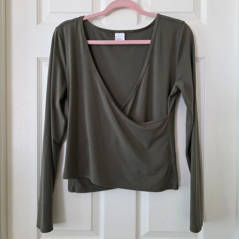 Athleta Olive Green Wrap Front Crop Long-sleeved Blouse Women's Large